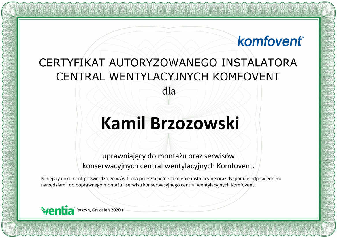 Certyfikat uczestnictwa w szkoleniu wentylacyjnym firmy Komfovent